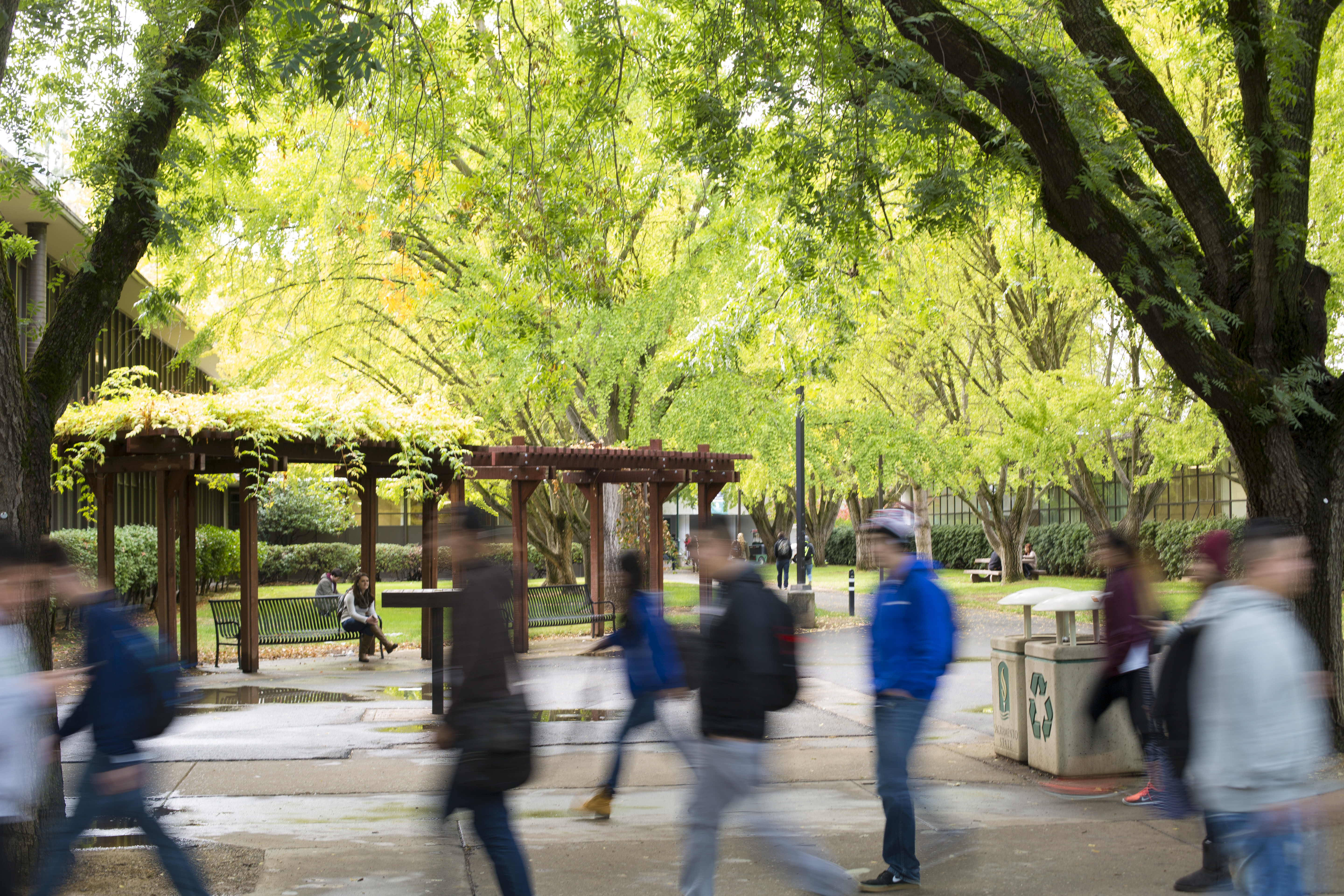 An image on people walking on a college campus where the background is clear and the people are blurry from walking.