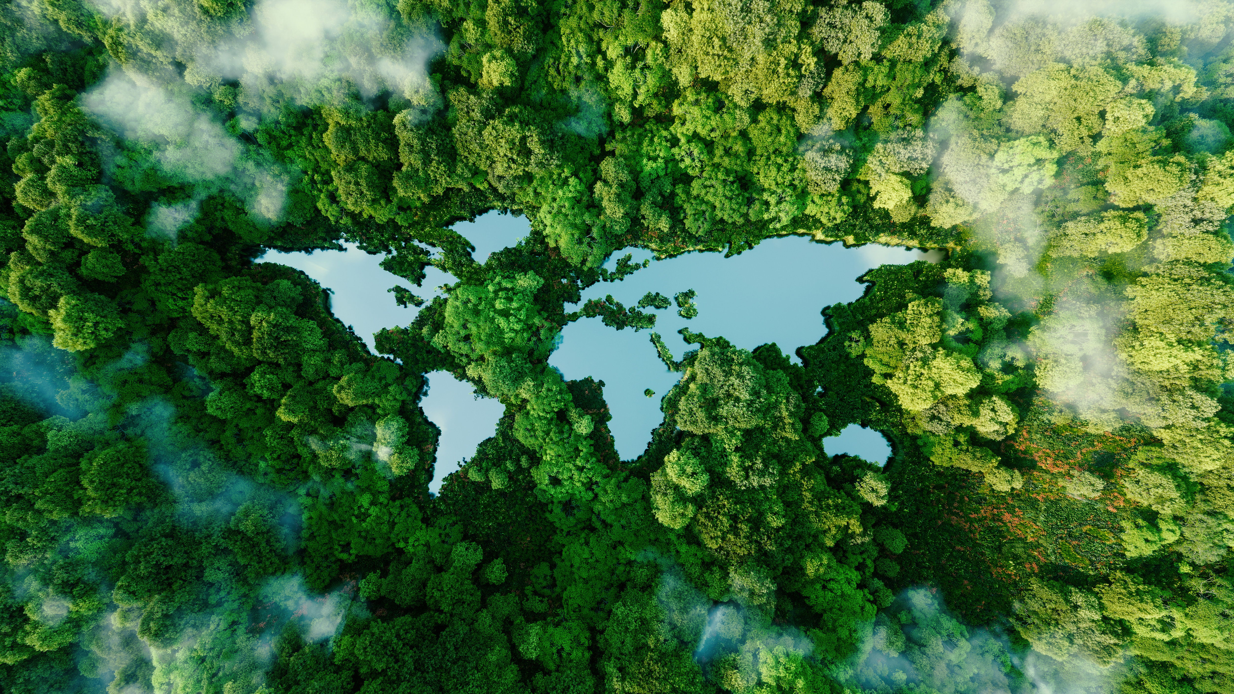 Photo illustration of a world map depicted by water and trees