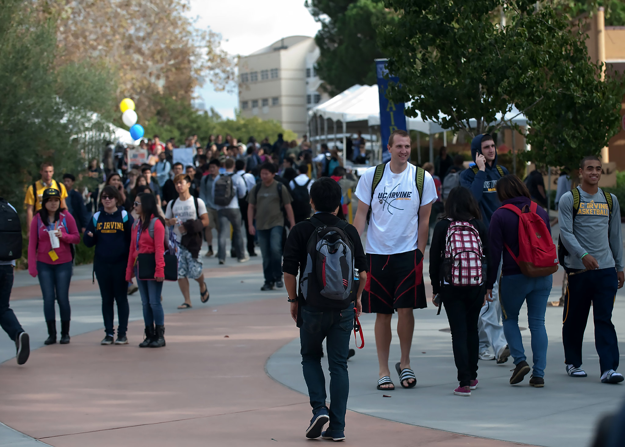 Picture of students milling on the Ring Mall at University of California, Irvine