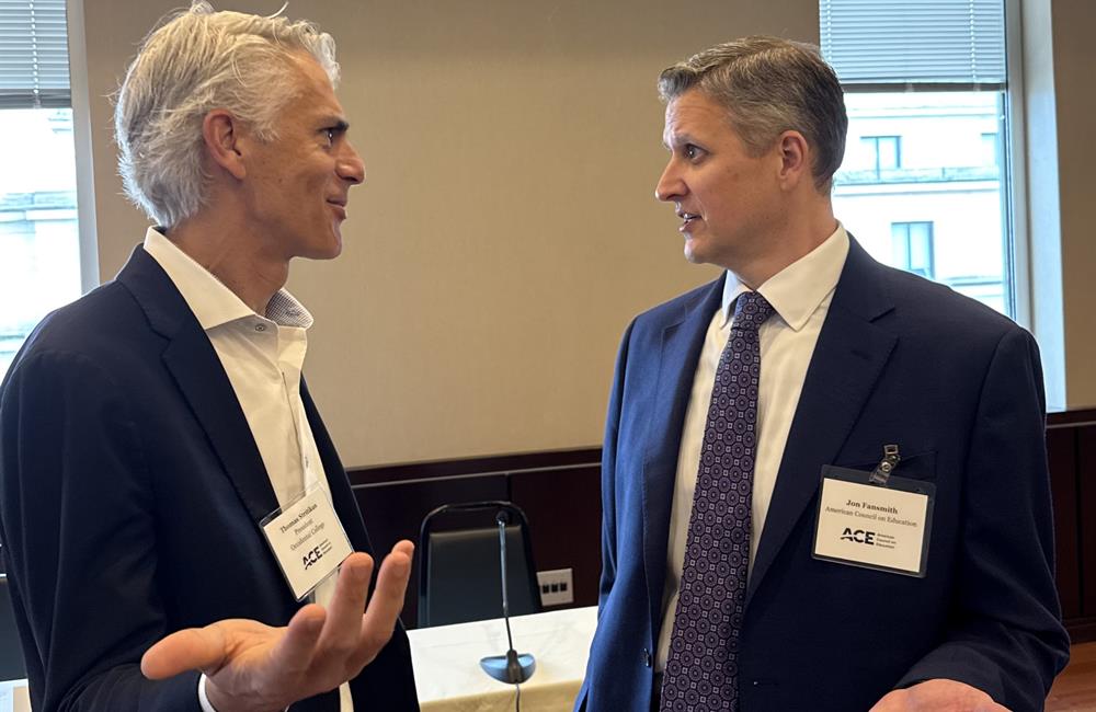 Tom Stritikus, president of Occidental College talks with Jon Fansmith