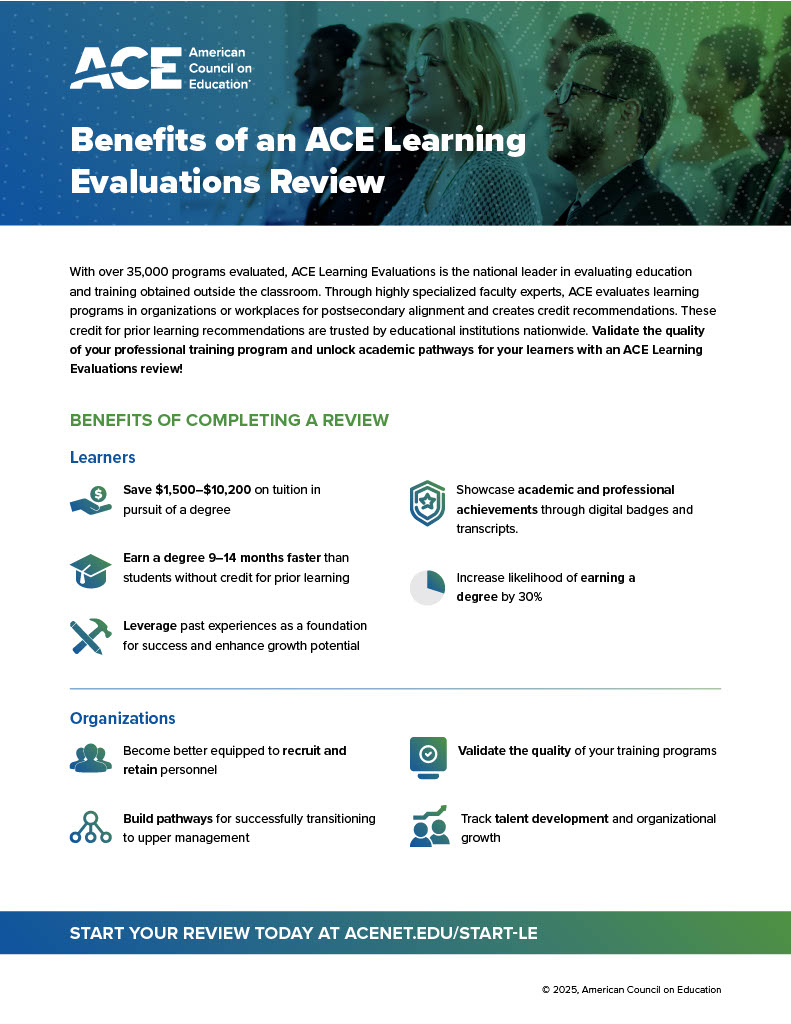 Cover page of a brief titled "Benefits of an ACE Learning Evaluations Review"