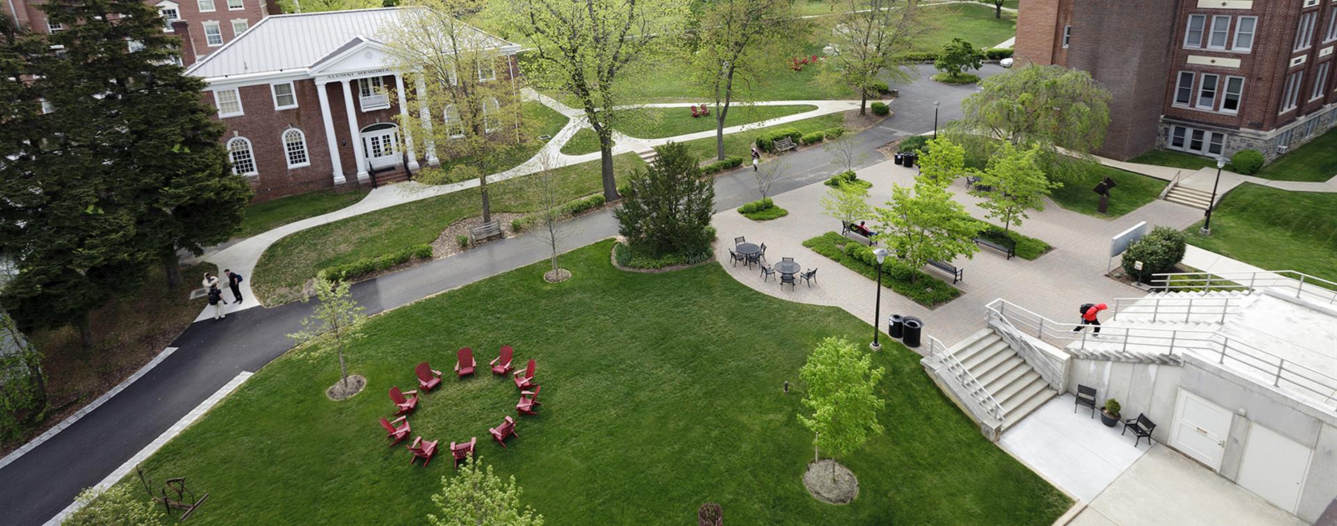 A large college campus on a rainy day