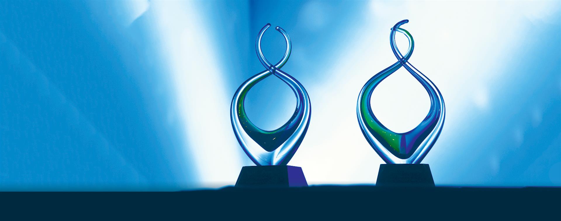 A picture of glass award sculptures on a table