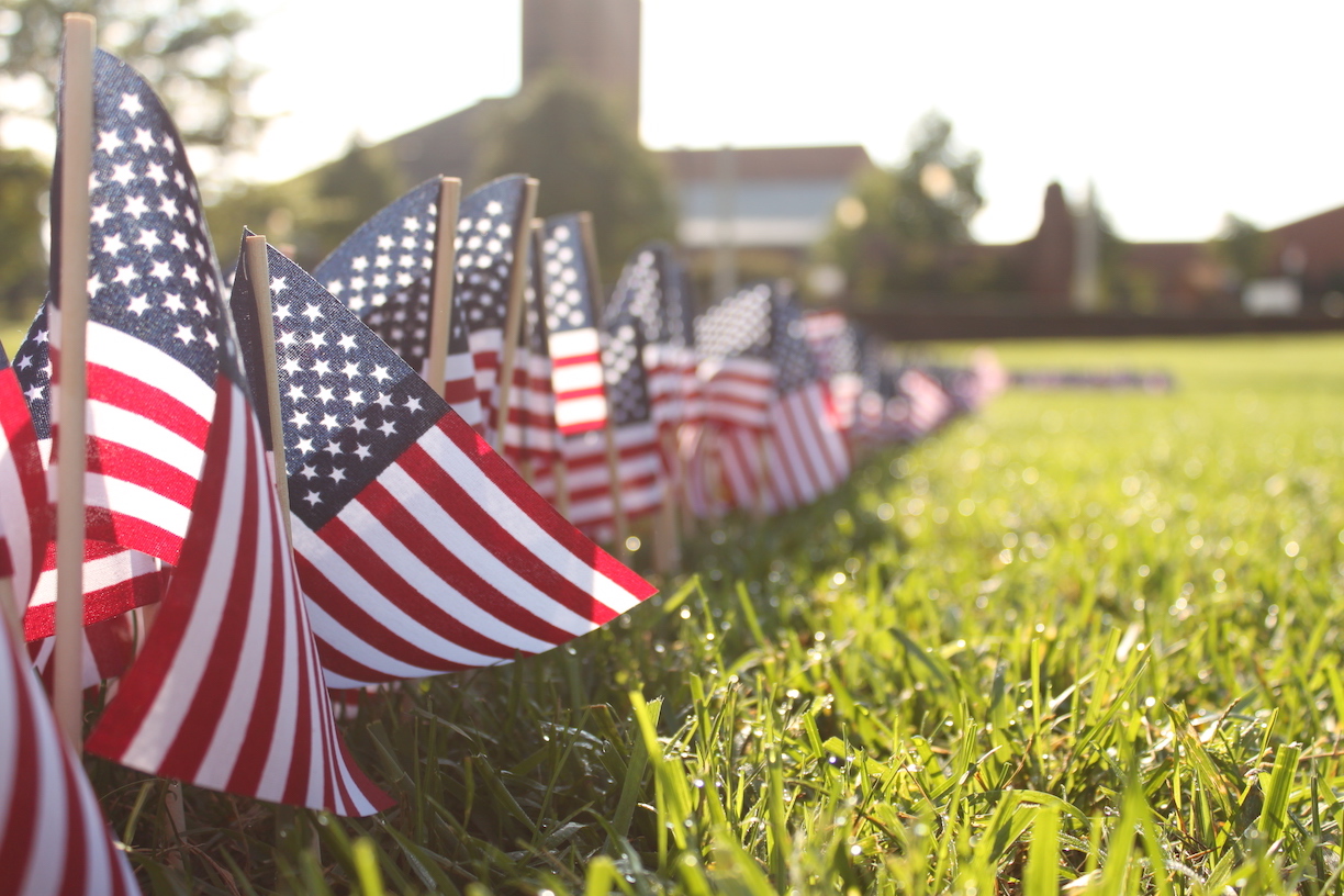 Photo of small American flags arranged in a row on a lawn. The sun is shining.