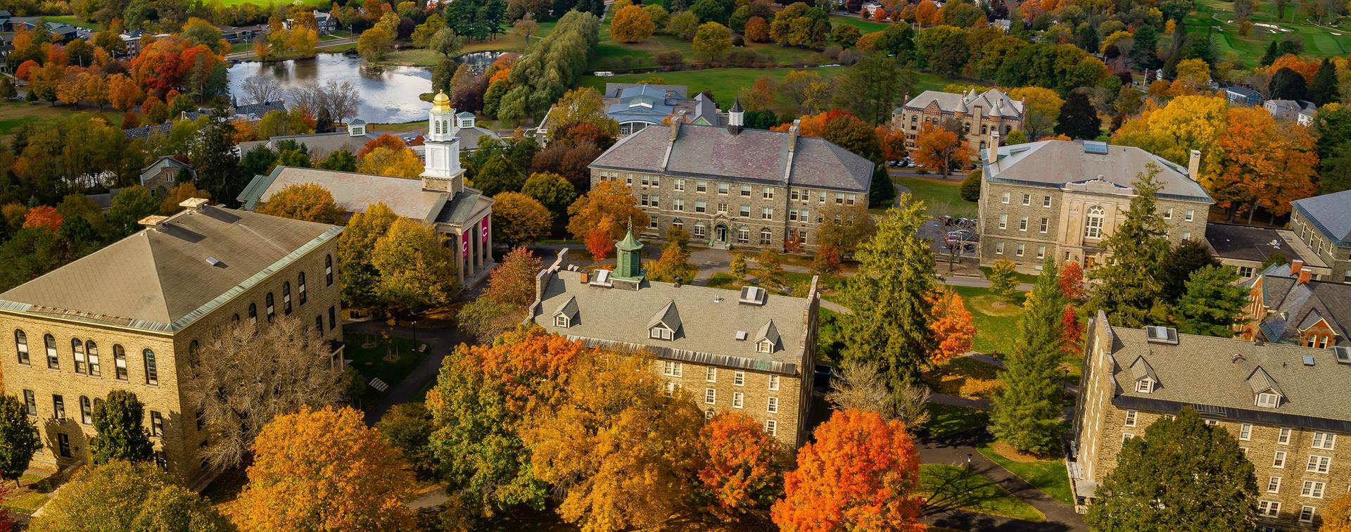 arial view of college campus in the fall