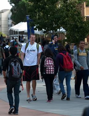 Picture of students milling on University of California, Irvine, campus
