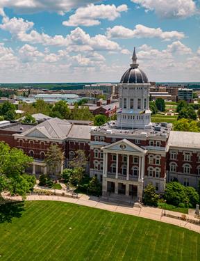 Aerial photo of University of Missouri Jesse Hall Quad