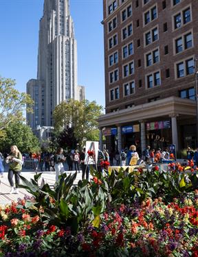 Students walk around outside on the University of Pittsburgh campus, with blooming flowers making up most of the image..