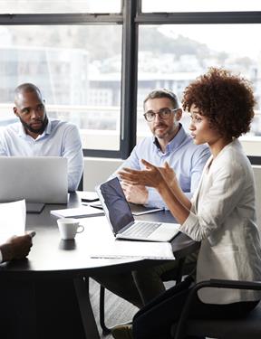 Picture of professionals talking around a board room table.  