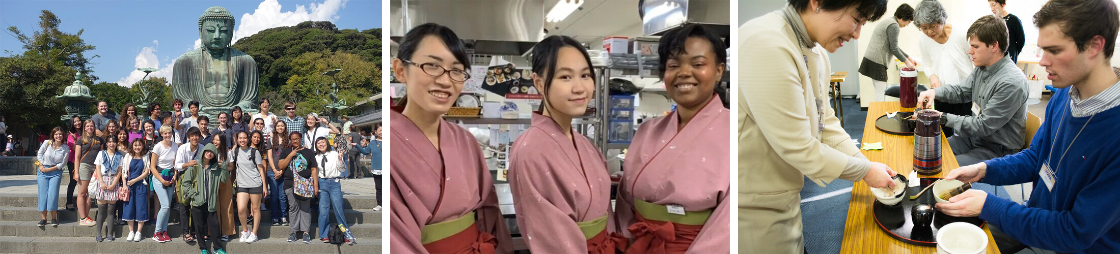 Photo collage of three photos. One: A group of students posing in front of a statue. Two: Three women smiling wearing kimonos. Three: Students at a tea ceremony.